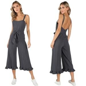 NWT Jessica Washed Navy Blue Striped Ruffle Hem Belted Culotte Jumpsuit Small